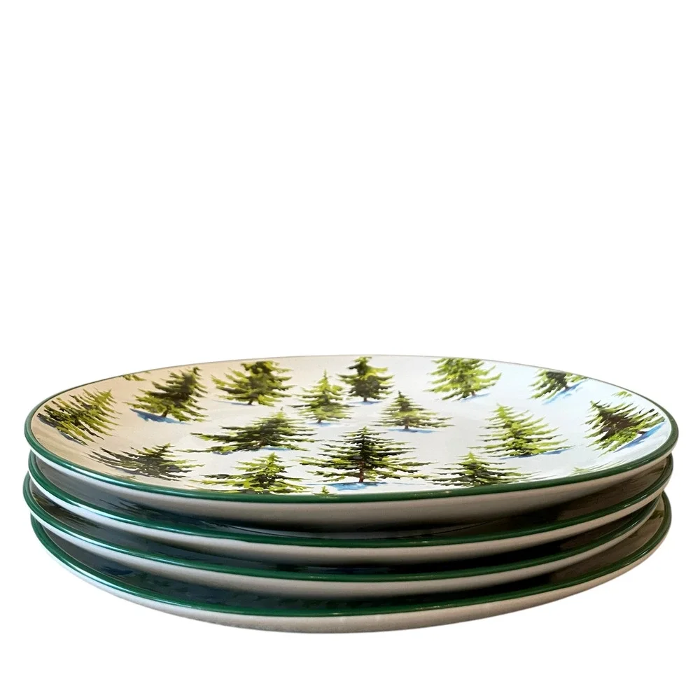 Christmas Pine Tree Dinner Plates 10.5in Ceramic Set of 2 by Global Design New